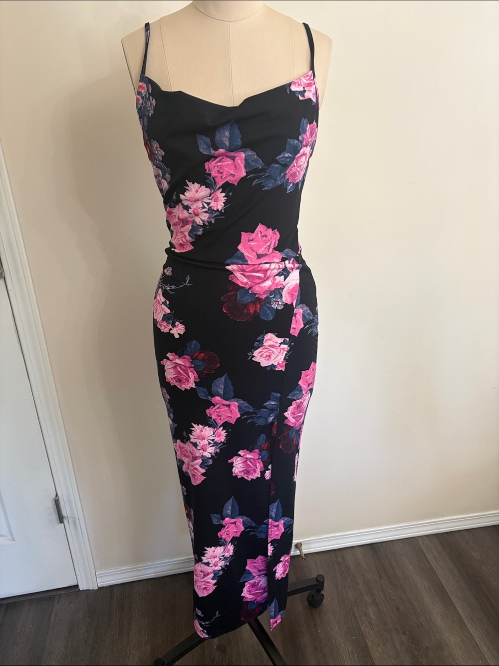 Black Floral Slip Dress with Pink Rose Print
